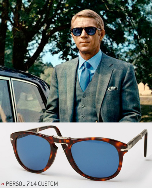 Persol 714 custom Steve McQueen in a suit and sunglasses, with Persol and The Thomas Crown Affair