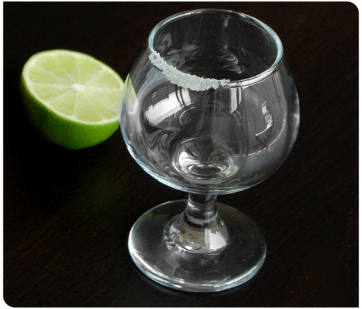snifter lime tequila glass with salt and lime