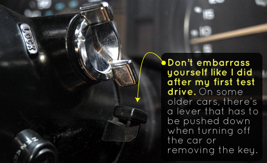 turn off old car Close up of ignition release switch - Don\'t embarrass yourself like I did after my test drive
