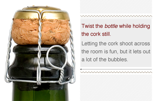 how to open champagne Close of a champagne cork - twist the bottle while holding the cork still