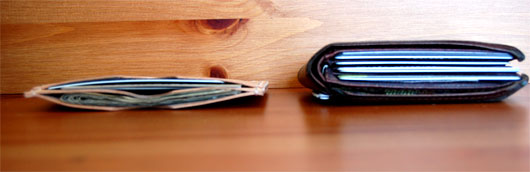 card case vs wallet A thin wallet next to a thick wallet