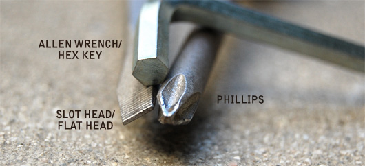 screwdriver types Allen wrench, flat head, and phillips screwdrivers
