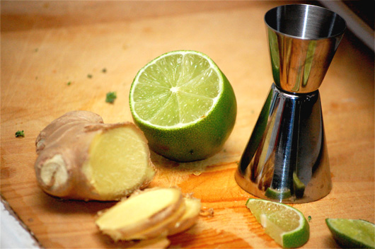 daiquiri ingredients Ginger slices next to lime and cocktail jigger