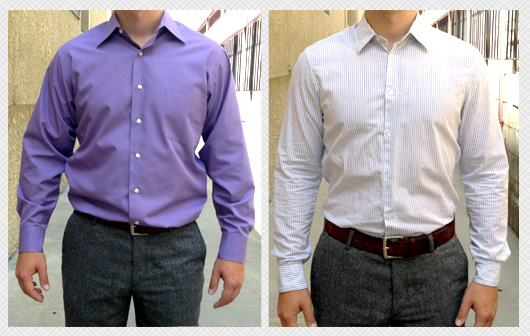 billowy dress shirt side by side image comparison of a man wearing a loose fitting dress shirt and a man wearing a slim fitting dress shirt