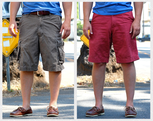 cargo shorts side by side comparison of a man wearing cargo shorts and a man wearing dock shorts