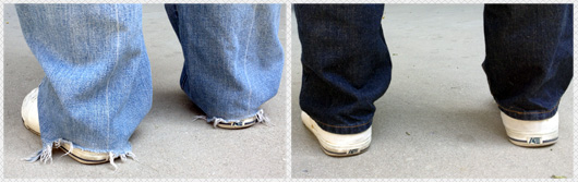 walk on side by side images with one image of jeans ripped at the bottom and one image of tailored jean cuffs