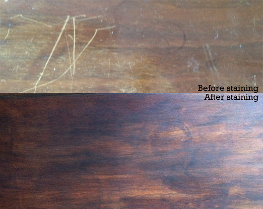 wood strain Before and after of restaining a scratched surface