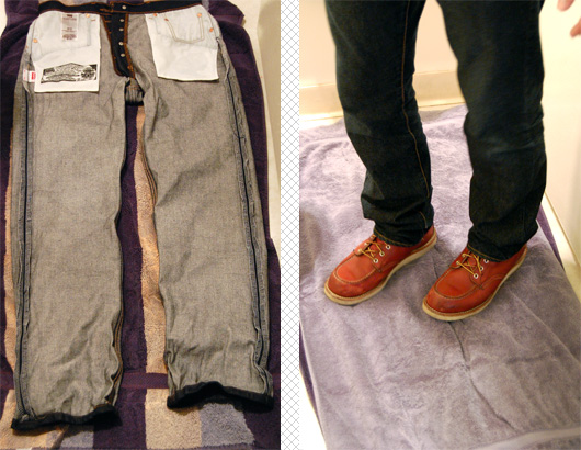 shrink to fit guide side by side image comparison of Levi's shrink to fit turned inside out and a close up of a man wearing the jeans with boots to show fit