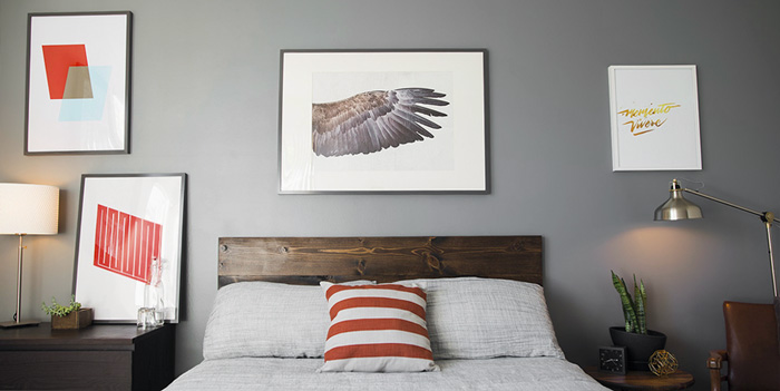 orange accents bedroom gray wall