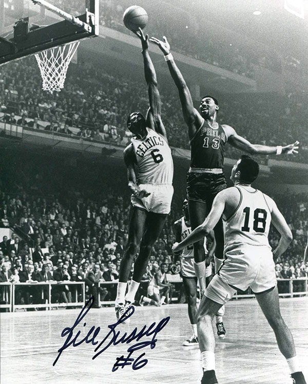autographed photo of bill russell blocking wilt chamberlain