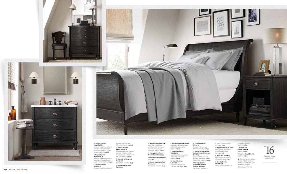 restoration hardware catalog bedroom and living room details