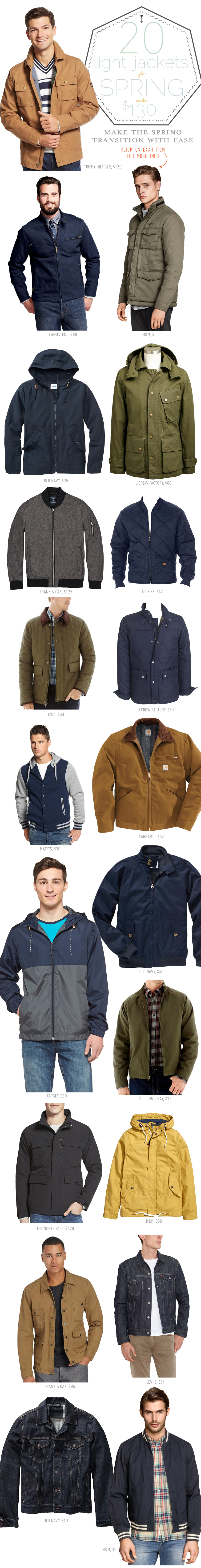 An infographic feature 20 spring jackets under $130