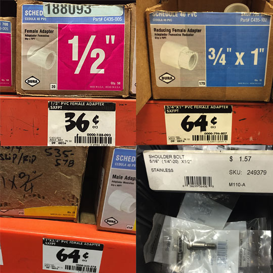 Prices for PVC parts at Home Depot