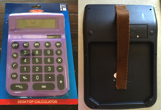 Front and back of calculator with strap attached for DIY Ghostbuster costume