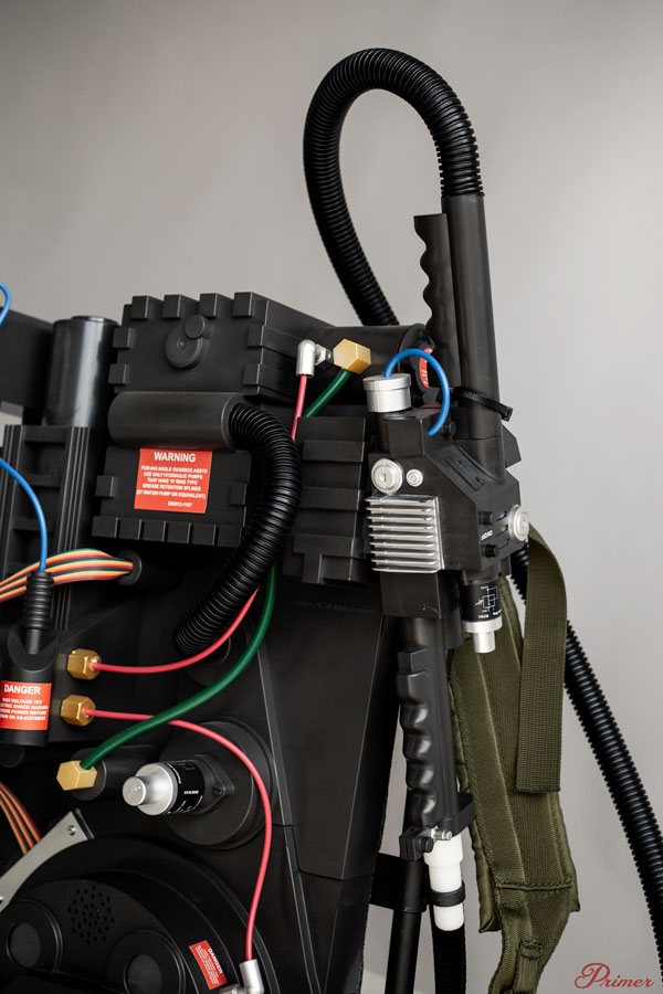 close up of spirit halloween proton pack features for DIY Ghostbuster costume