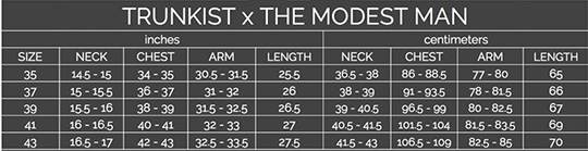 Trunkist by Modest Man size chart