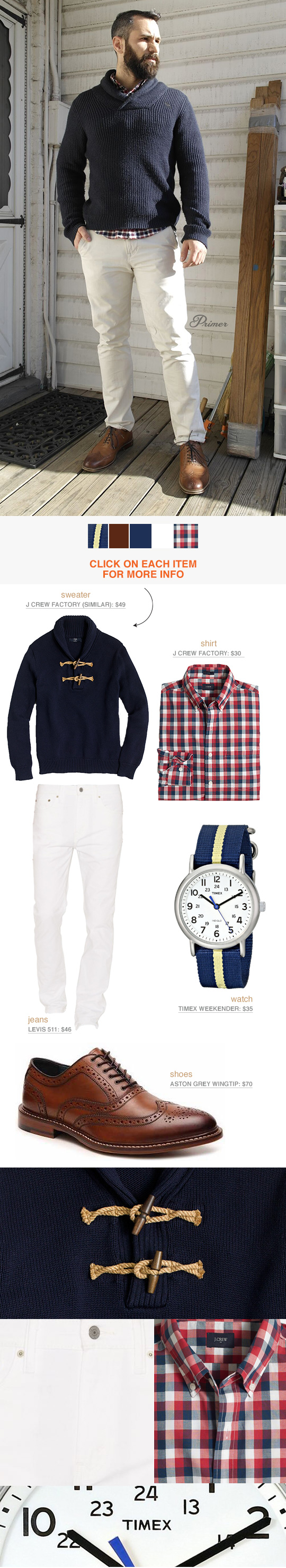 An outfit example featuring white jeans, blue sweater, and red plaid shirt