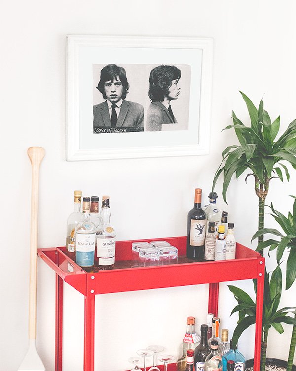 an organized bar cart
