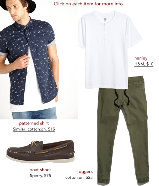 Outfit made out of green jogger pants and boat shoes