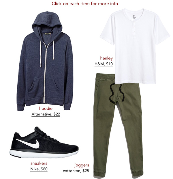 Blue hoodie with green jogger shorts example