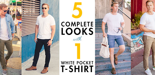 5 Complete Looks with 1 White Pocket T-Shirt