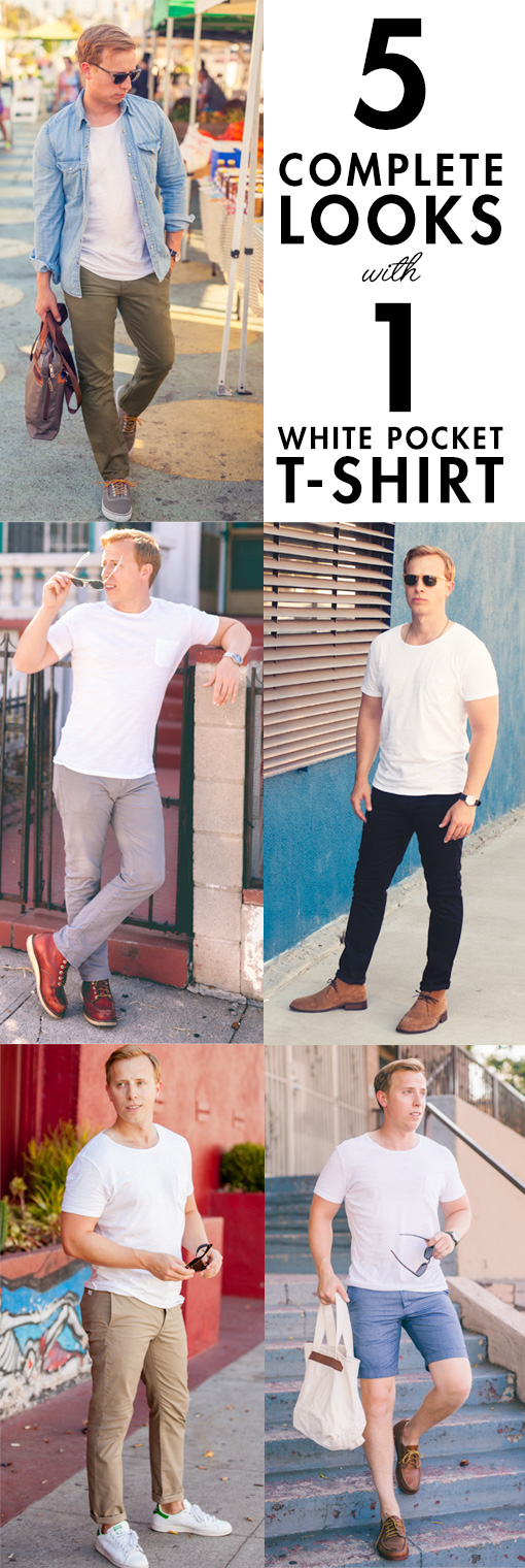 5 Complete Looks with 1 White Pocket T Shirt