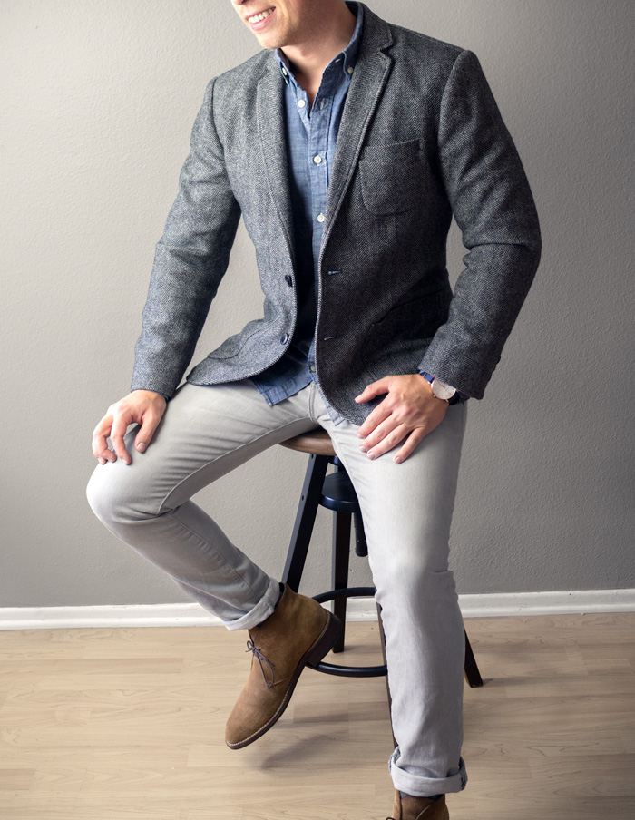 men tweed jacket chambray shirt gray jeans chukka boots outfit ideas