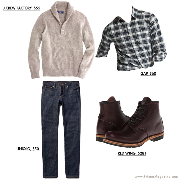 Tan sweater outfit example with boots