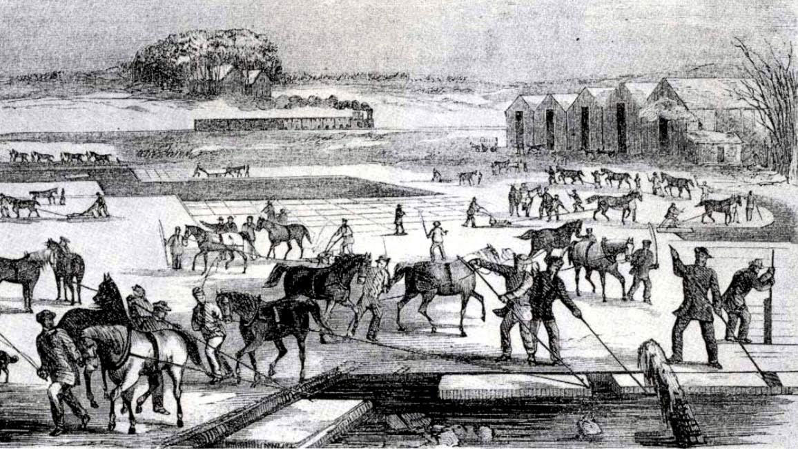 A vintage drawing of people on horseback