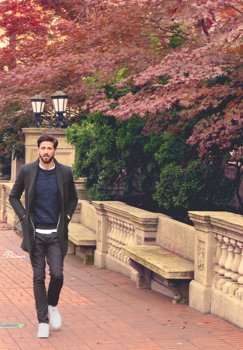 Winter outfit inspiration men white sneakers blue sweater gray topcoat
