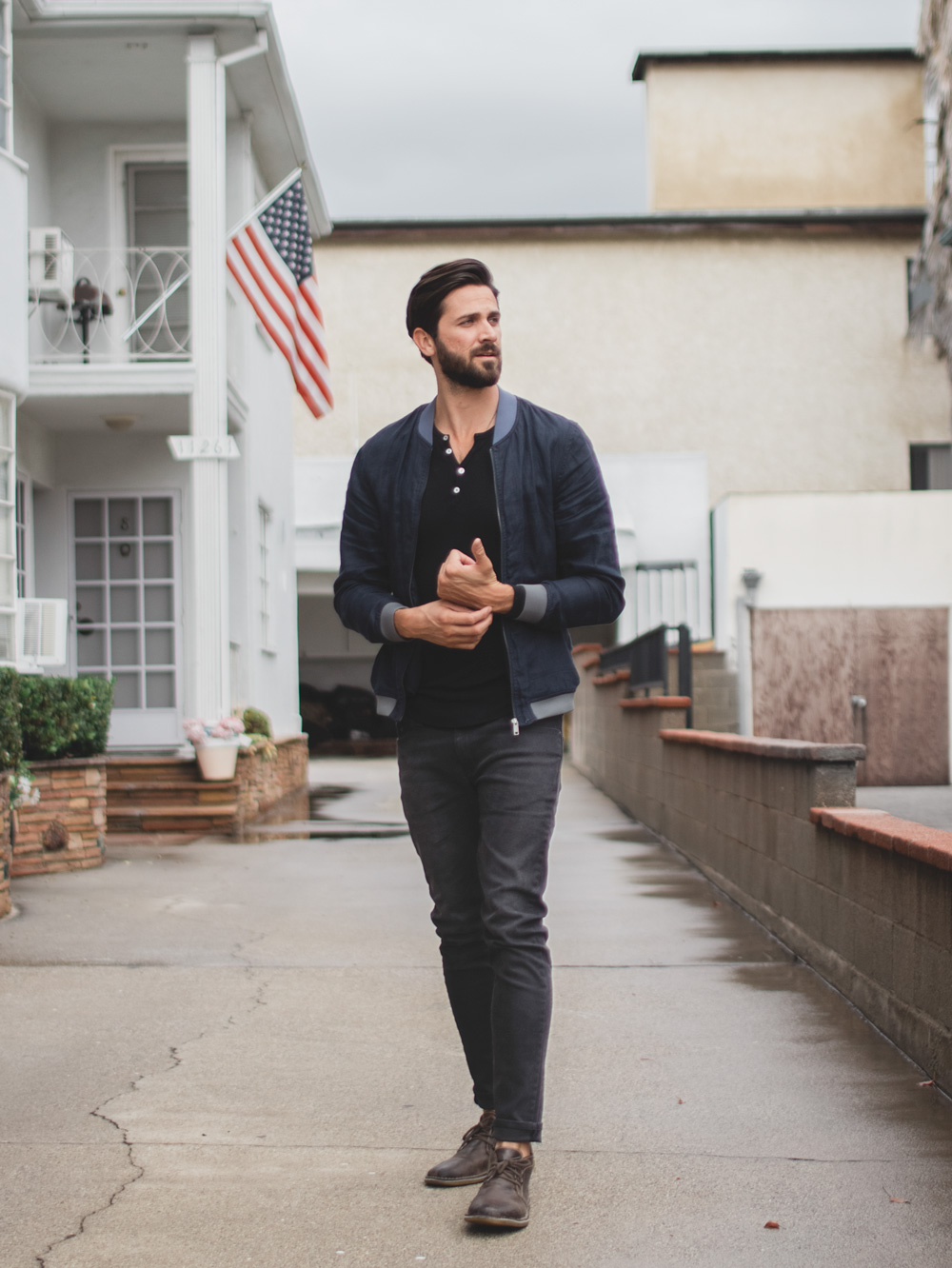 bomber jacket henley gray jeans brown boots men's fashion ideas