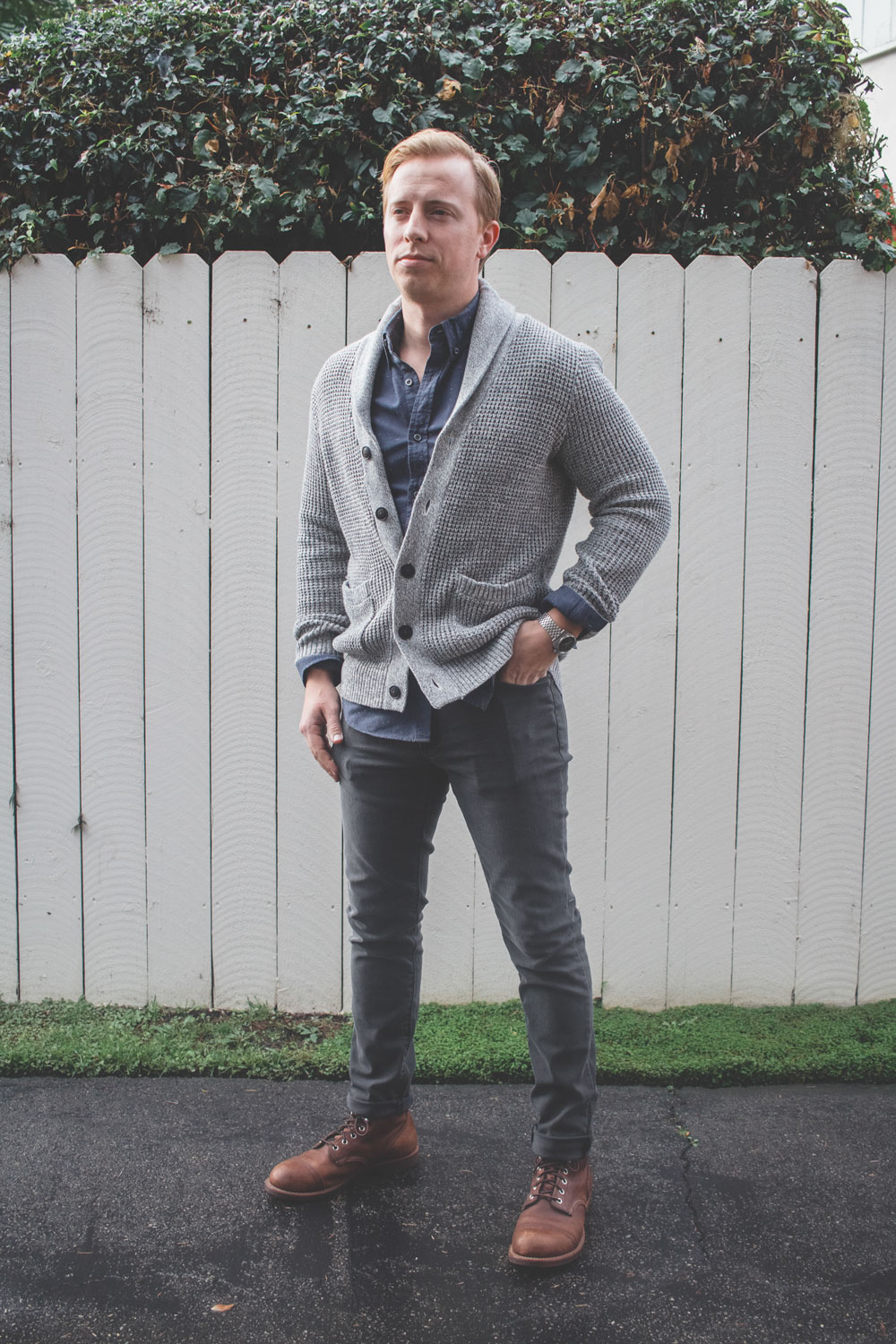 shawl collar cardigan blue shirt gray jeans red wing iron ranger