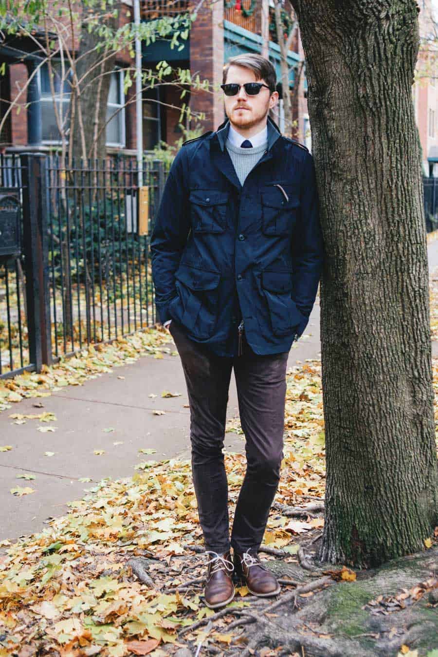 business casual outfit example with waxed canvas jacket and tie