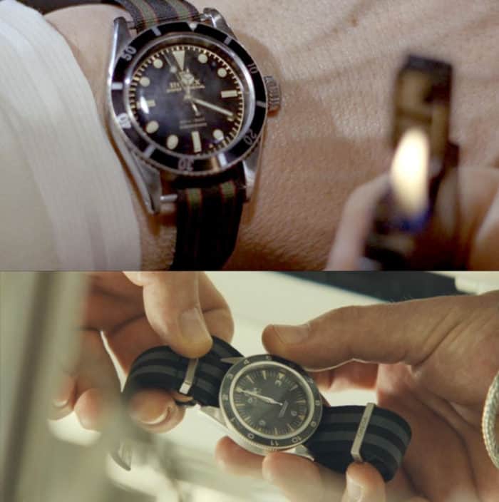 Comparison image showing Sean Connery's Rolex with NATO strap versus Daniel Craig's Omega with NATO strap