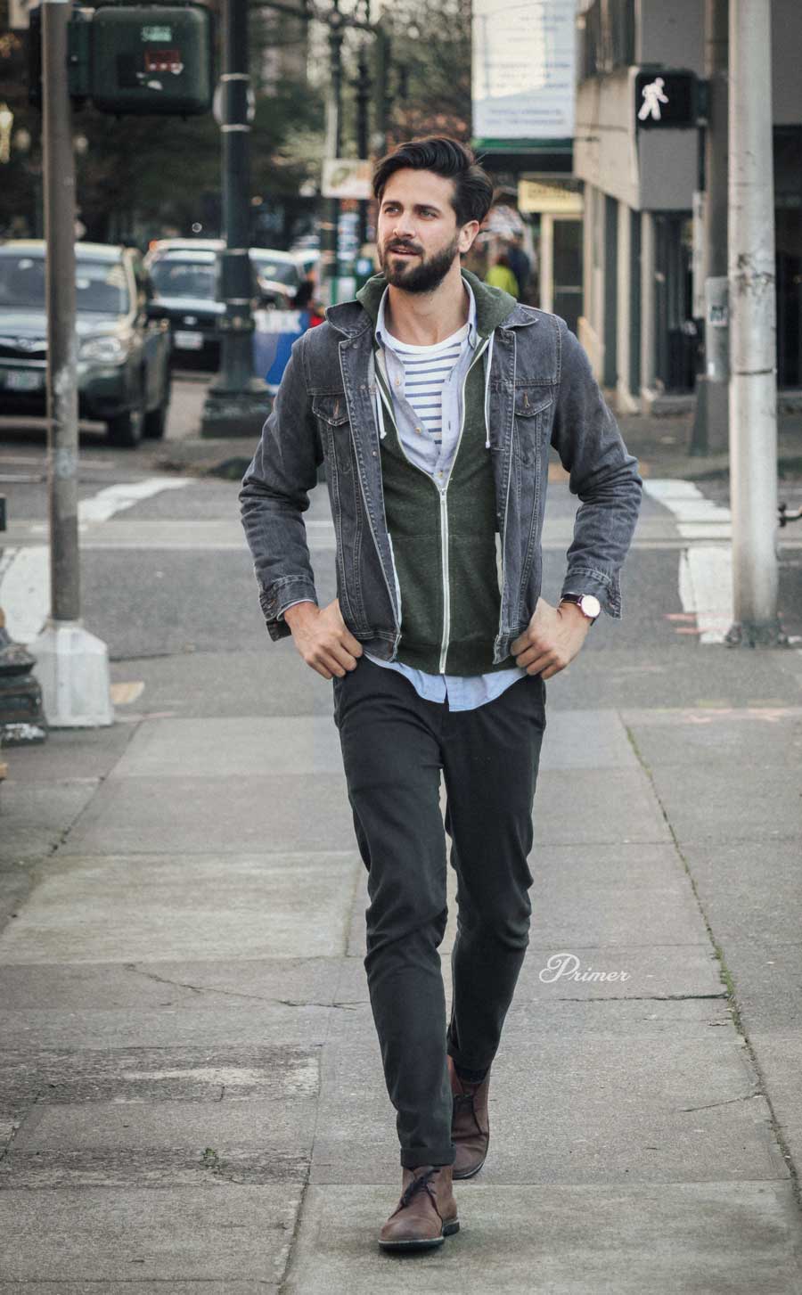 men fashion outfit ideas spring gray denim jacket hoodie