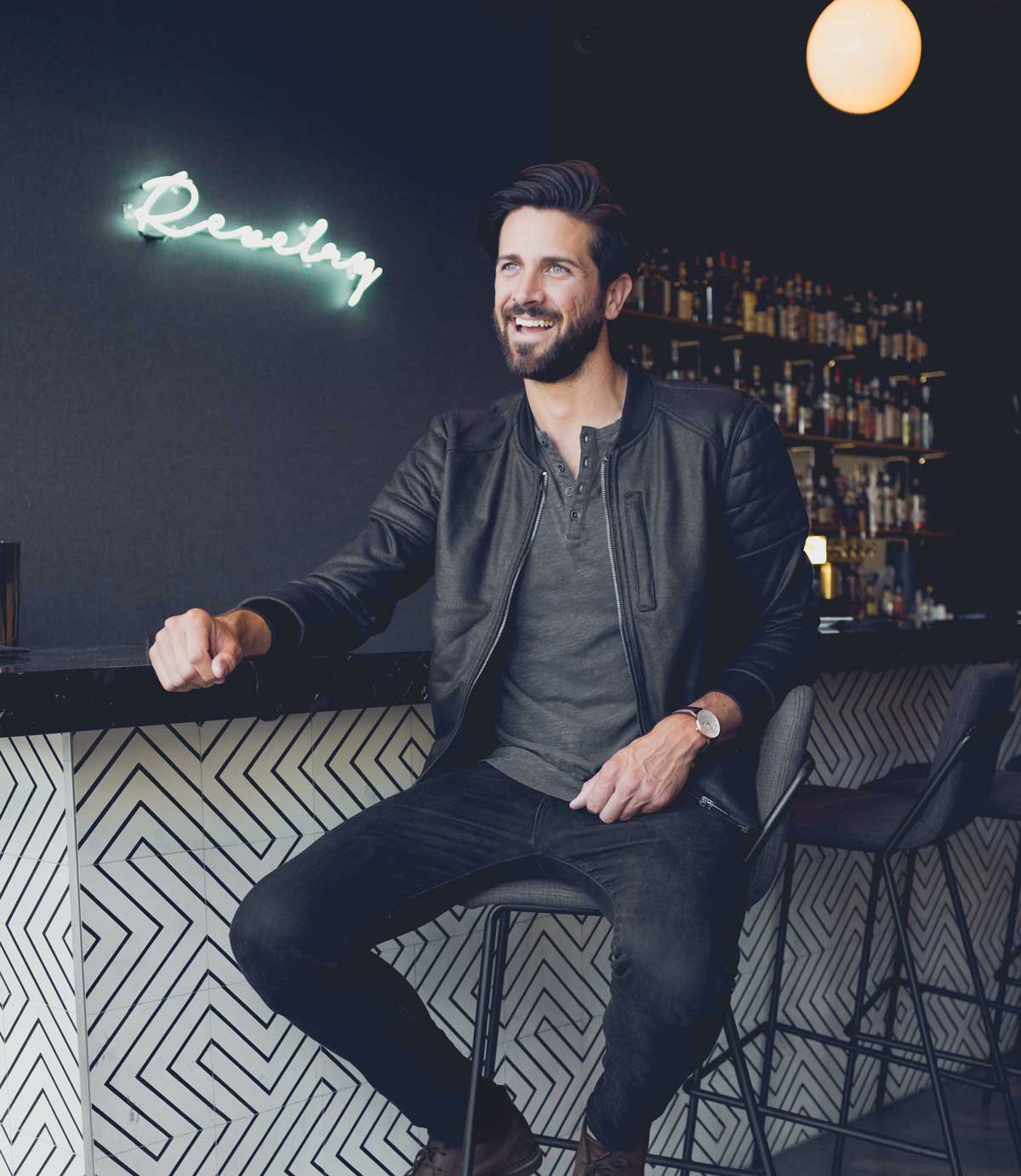 black bomber, gray henley, black jeans men's street style outfit