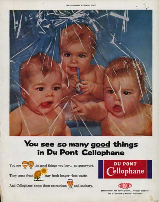 Vintage DuPont company ad showing babies and cellophane