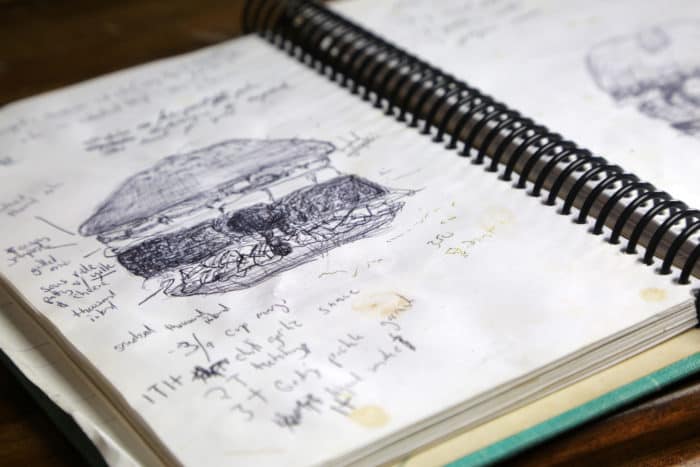 A close up of a piece of paper with a burger drawing