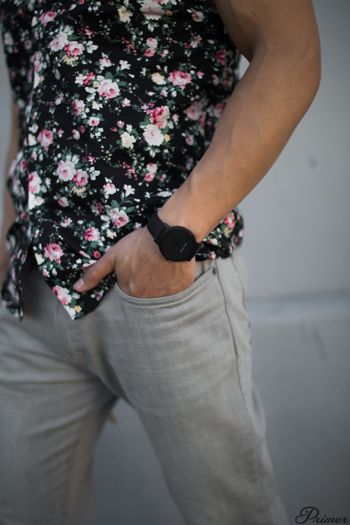 modern floral shirt black watch gray jeans men summer outfit