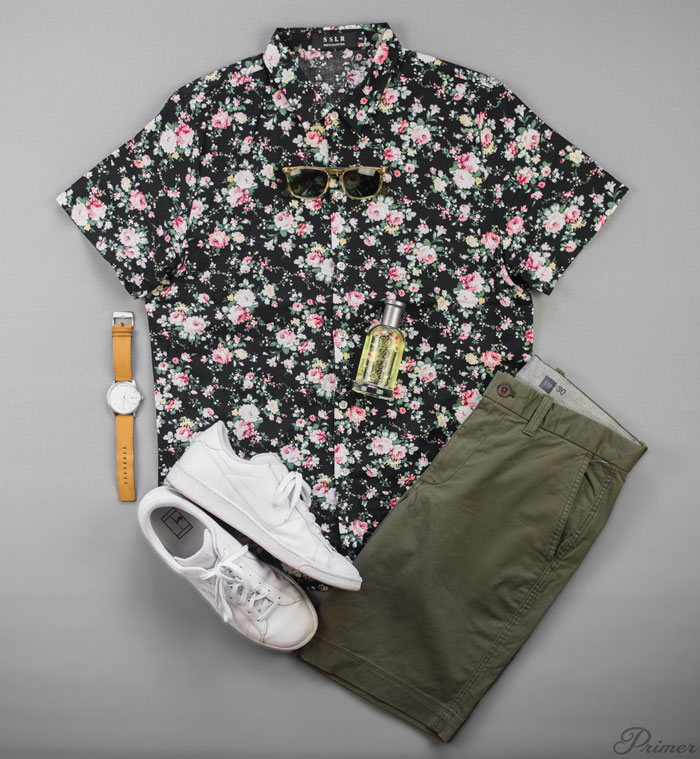 men summer style short sleeve floral shirt green shorts white sneakers flat lay