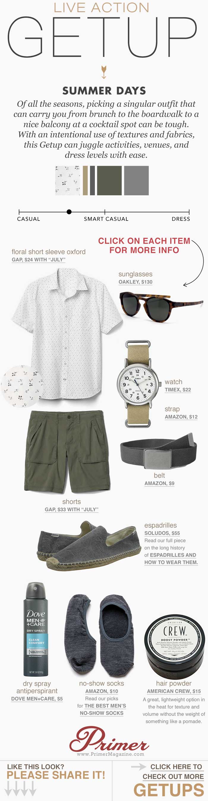 Men summer shorts outfit inspiration floral short sleeve oxford green hiking shorts gray espadrilles The Getup by Primer