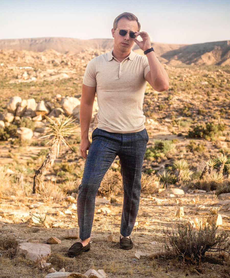 men cream polo with suit pants