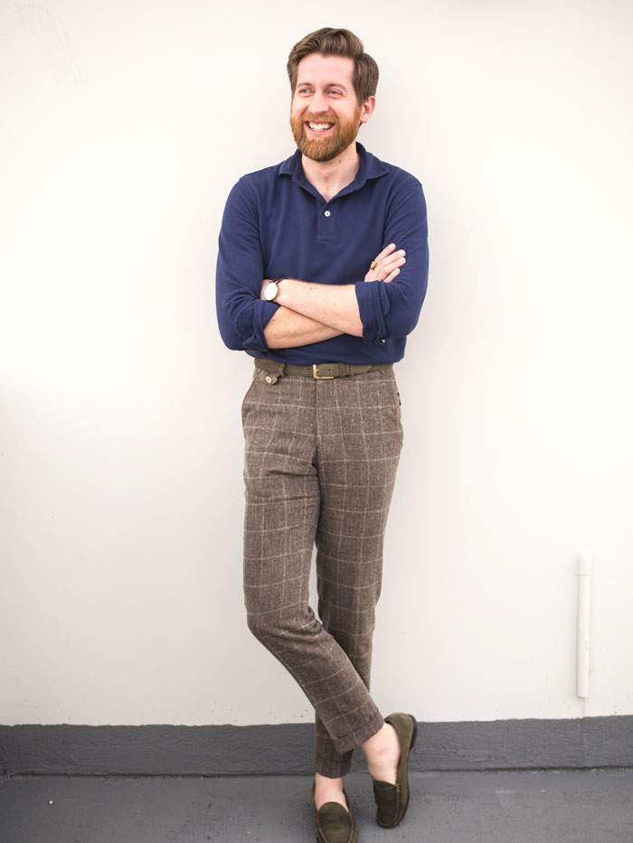 Tanner Guzy polo with dress pants loafers