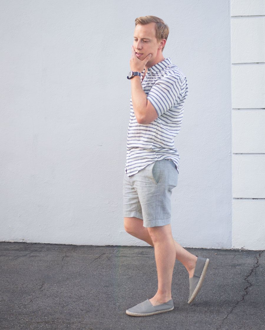 Linen shirt and shorts espadrilles men summer style outfit ideas