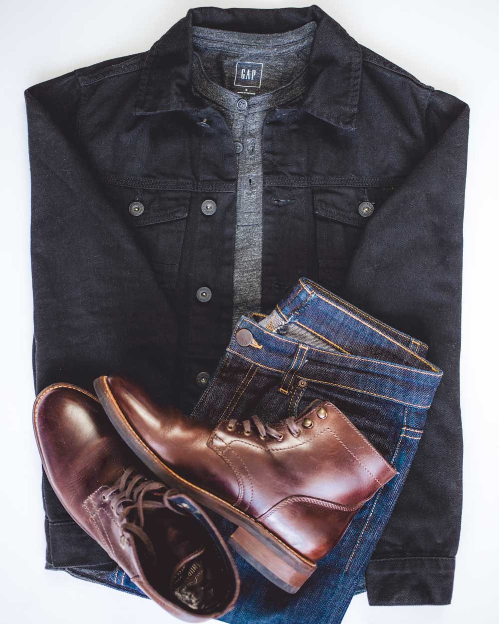 Thursday Boots Captain black denim jacket gray henley DSTLD jeans
