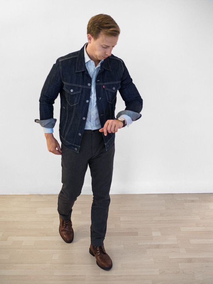 men casual outfit inspiration fashion denim jacket wingtip boots charcoal pants