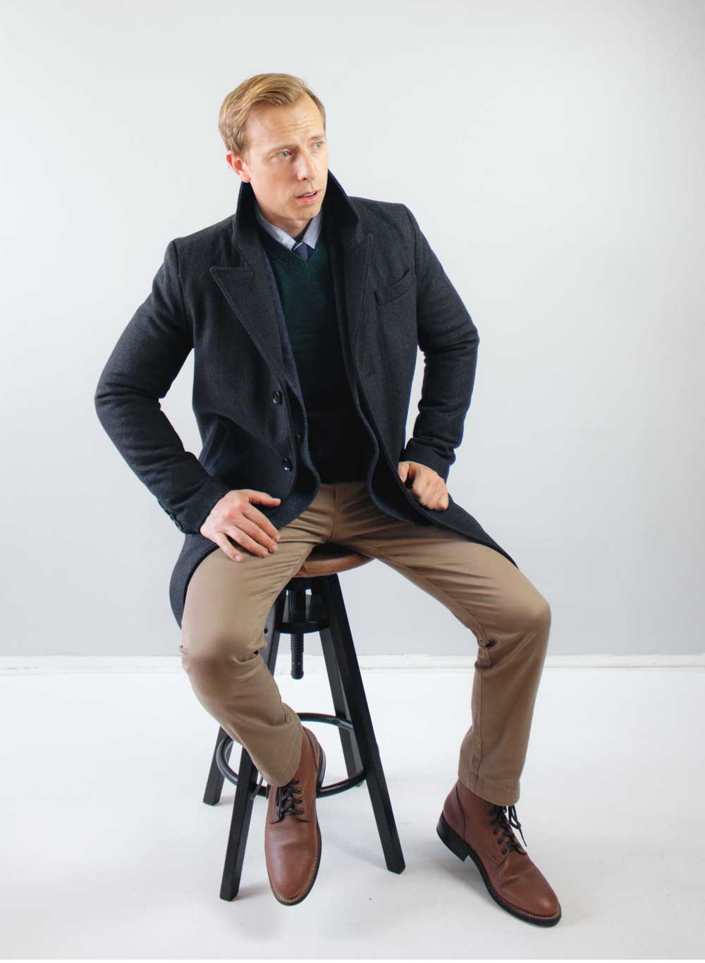 men business casual preppy pea coat vneck sweater khaki chinos brown boots