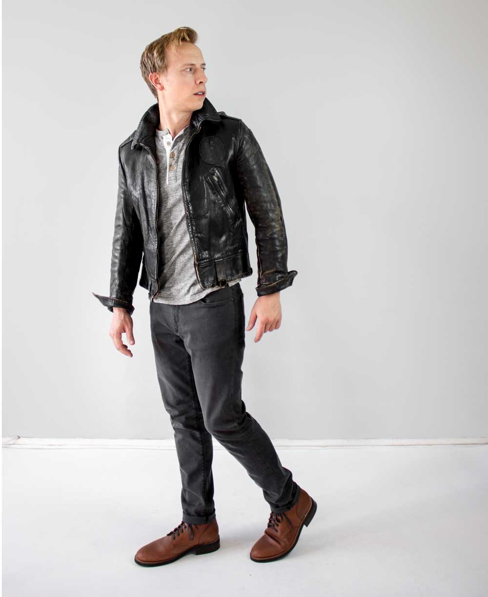 men casual outfit leather biker jacket henley gray jeans brown boots