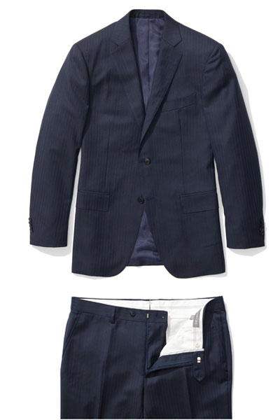 A navy suit jacket and pants