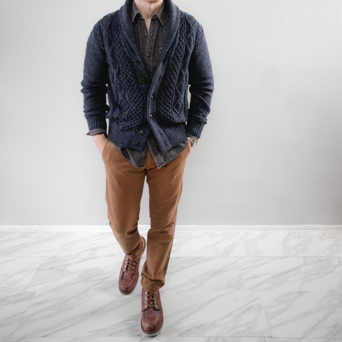men shawl cardigan sweater denim shirt chinos red wing moc toe boots outfit ideas
